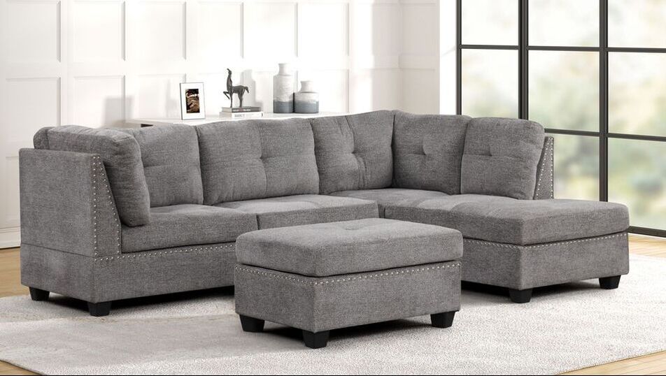 SIENNA GRAY LINEN SECTIONAL AND OTTOMAN SET