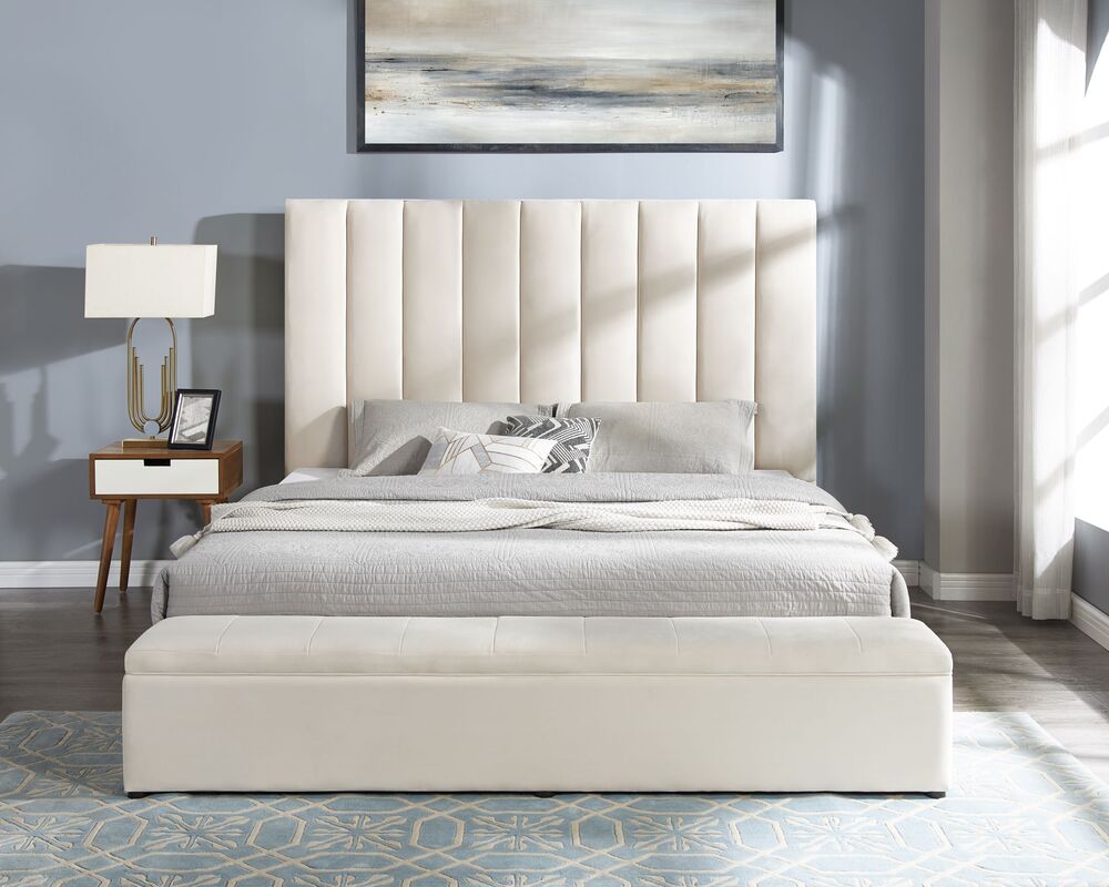 VALENCIA BEIGE PLATFORM BED WITH STORAGE AVAILABLE IN QUEEN AND KING SIZES