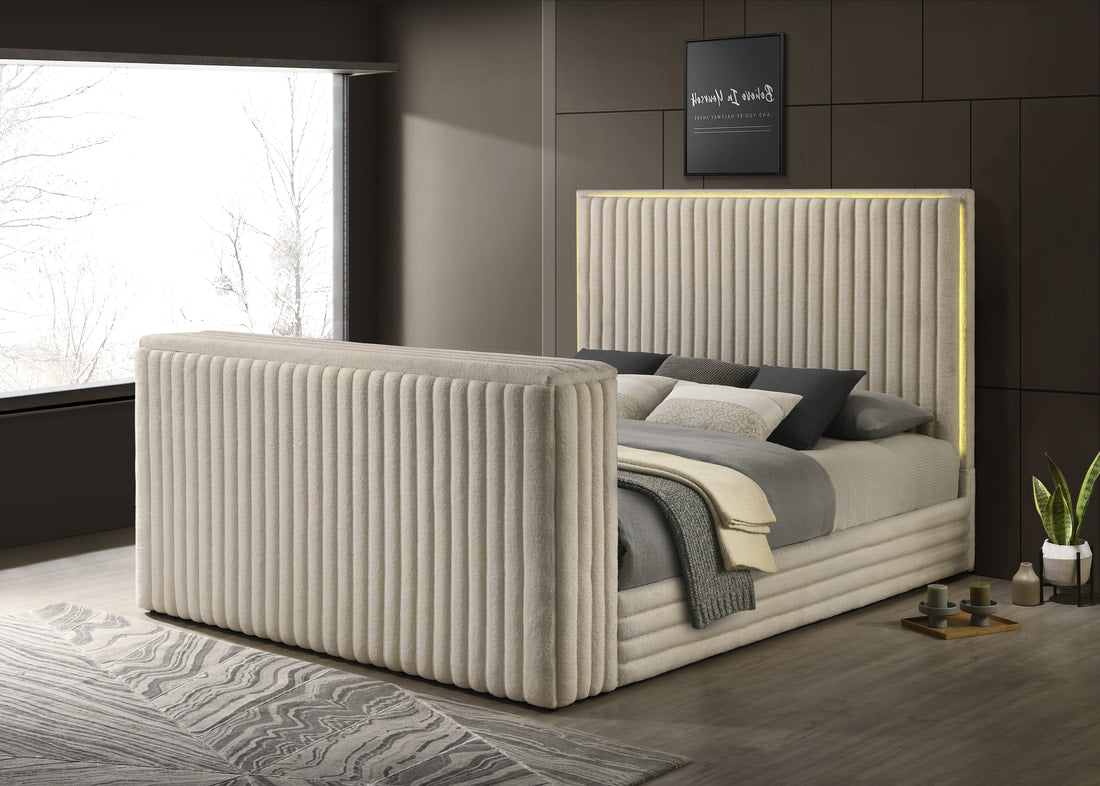 VILLA OFF WHITE PLATFORM BED WITH TV STAND AVAILABLE IN QUEEN AND KING SIZES